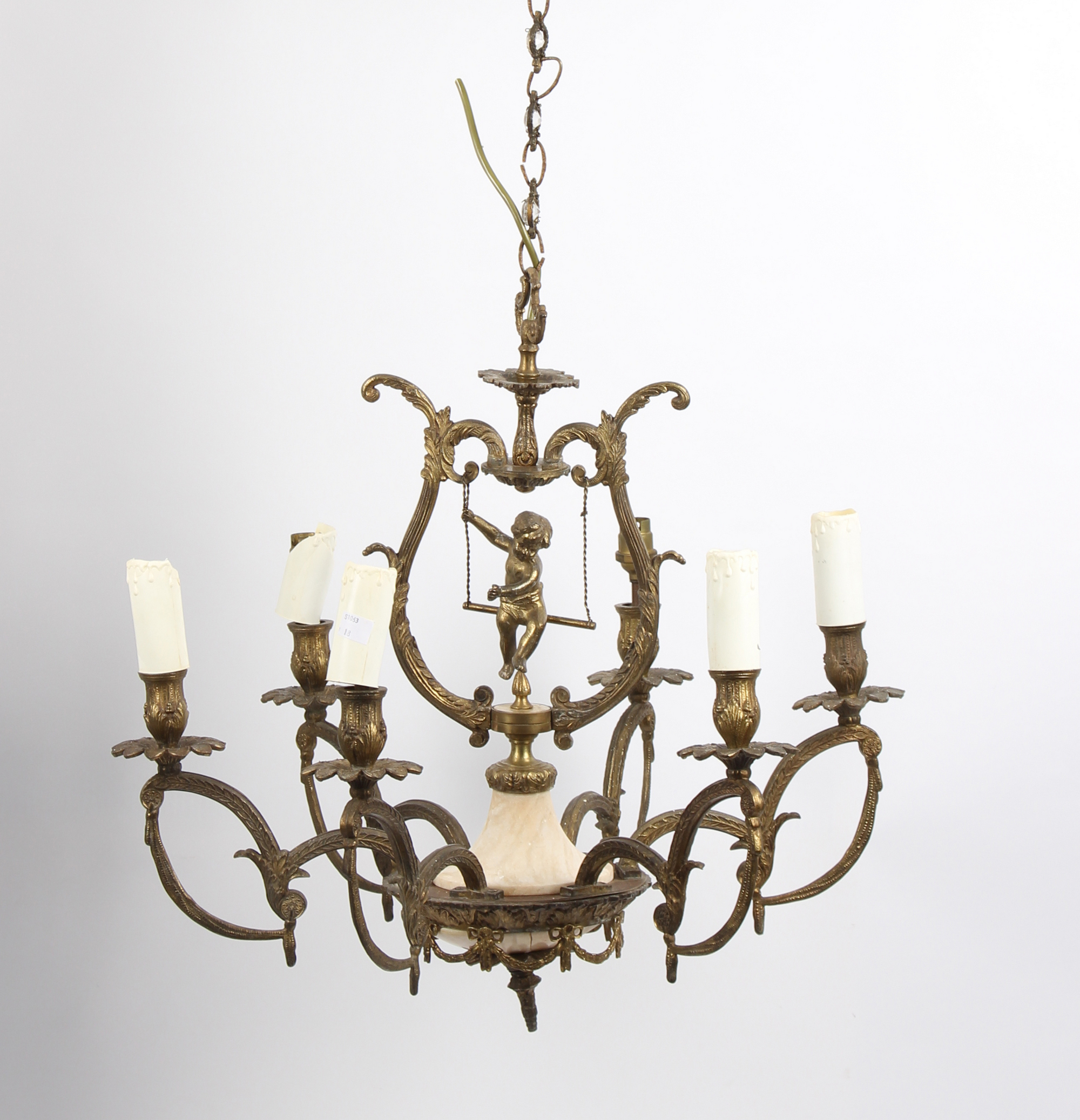 A gilt metal six-light chandelier of classical design with central putto support,