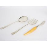 A pair of mince pie servers, Walker & Hall, Sheffield 1931 and 1932 and a pickle fork, T L,