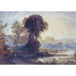 19th Century English School/Landscape with Cattle Watering/castle in the distance/watercolour,