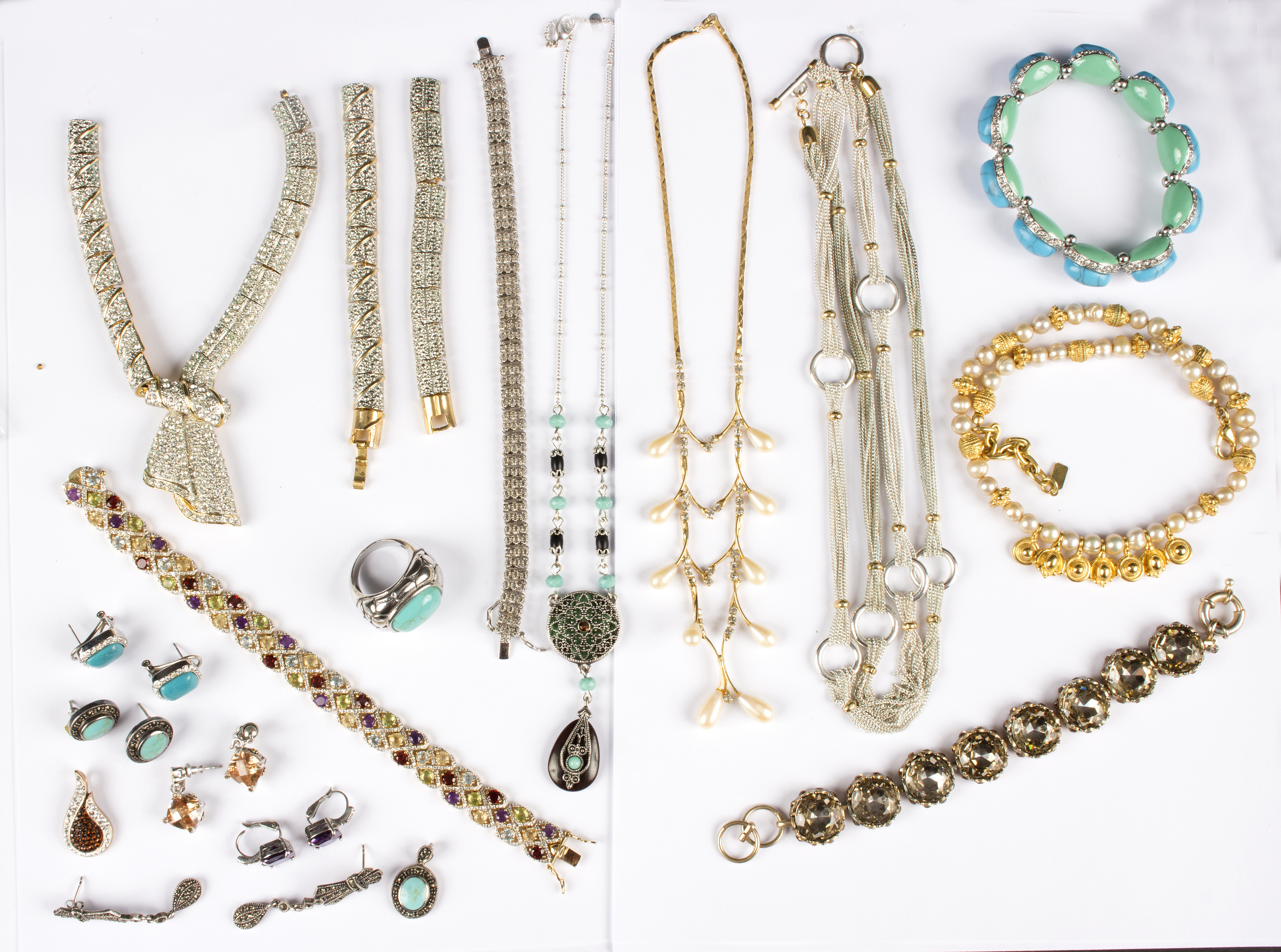 A group of costume jewellery to include a gilt metal and freshwater pearl necklace, by Tanner,