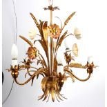 A gilt metal five-light chandelier with enamel flowerheads, wheat sheaves and foliage,