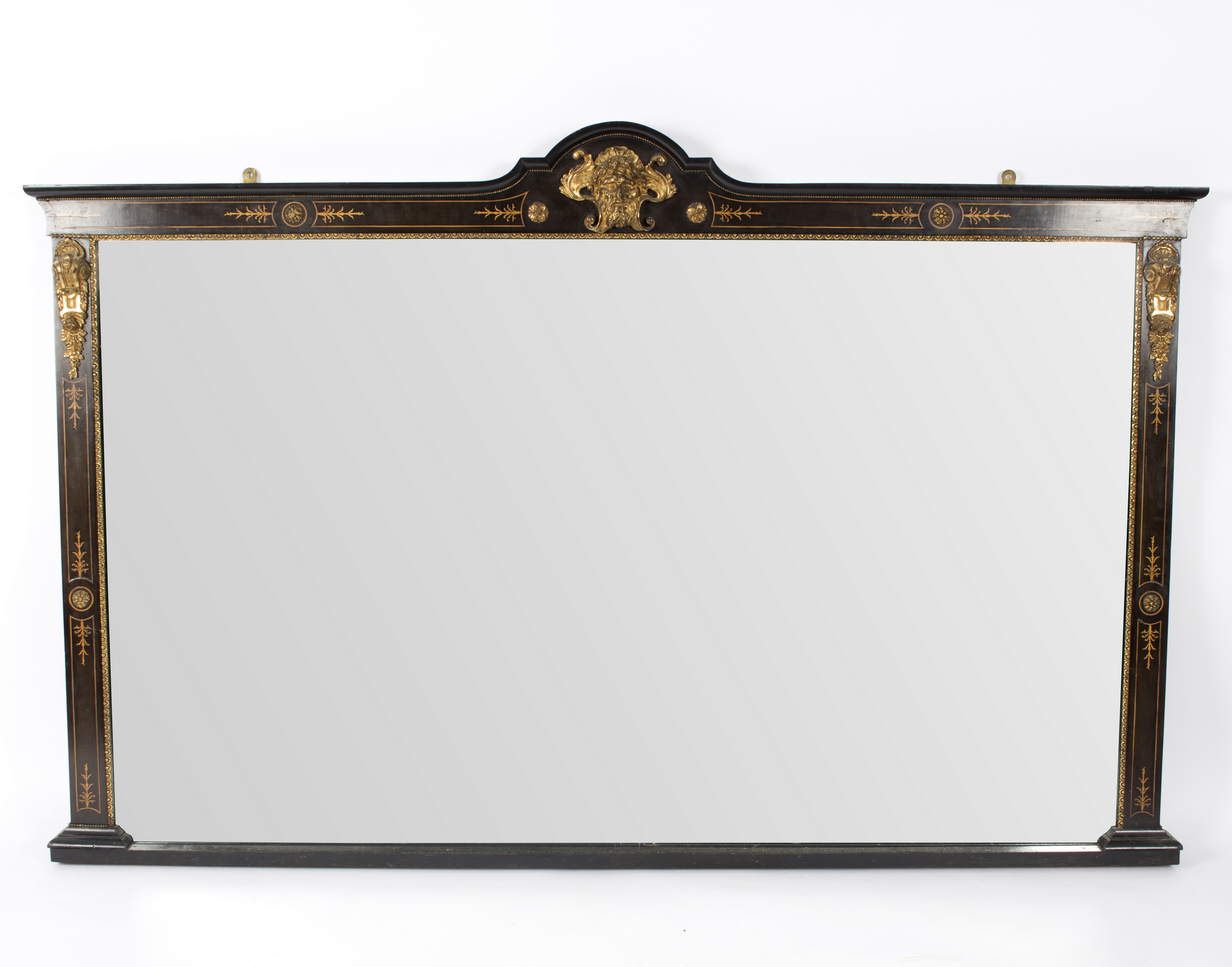 A late Victorian ebonised and gilt metal mounted overmantel mirror with central mask head applied - Image 3 of 4