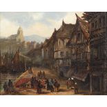 19th Century School/Townscape with Harbour/initialled MEC/oil on canvas,