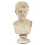An antique Italian marble bust of Gaius on a socle base,