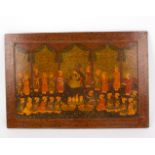 An Indian lacquered panel painted with a portrait of a Mughal Emperor and attendants,