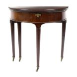 A George II mahogany half-round card/writing table, the baize lining with guinea wells,