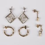 A pair of diamond and pearl pendant earrings with square openwork frame, formerly a clasp,