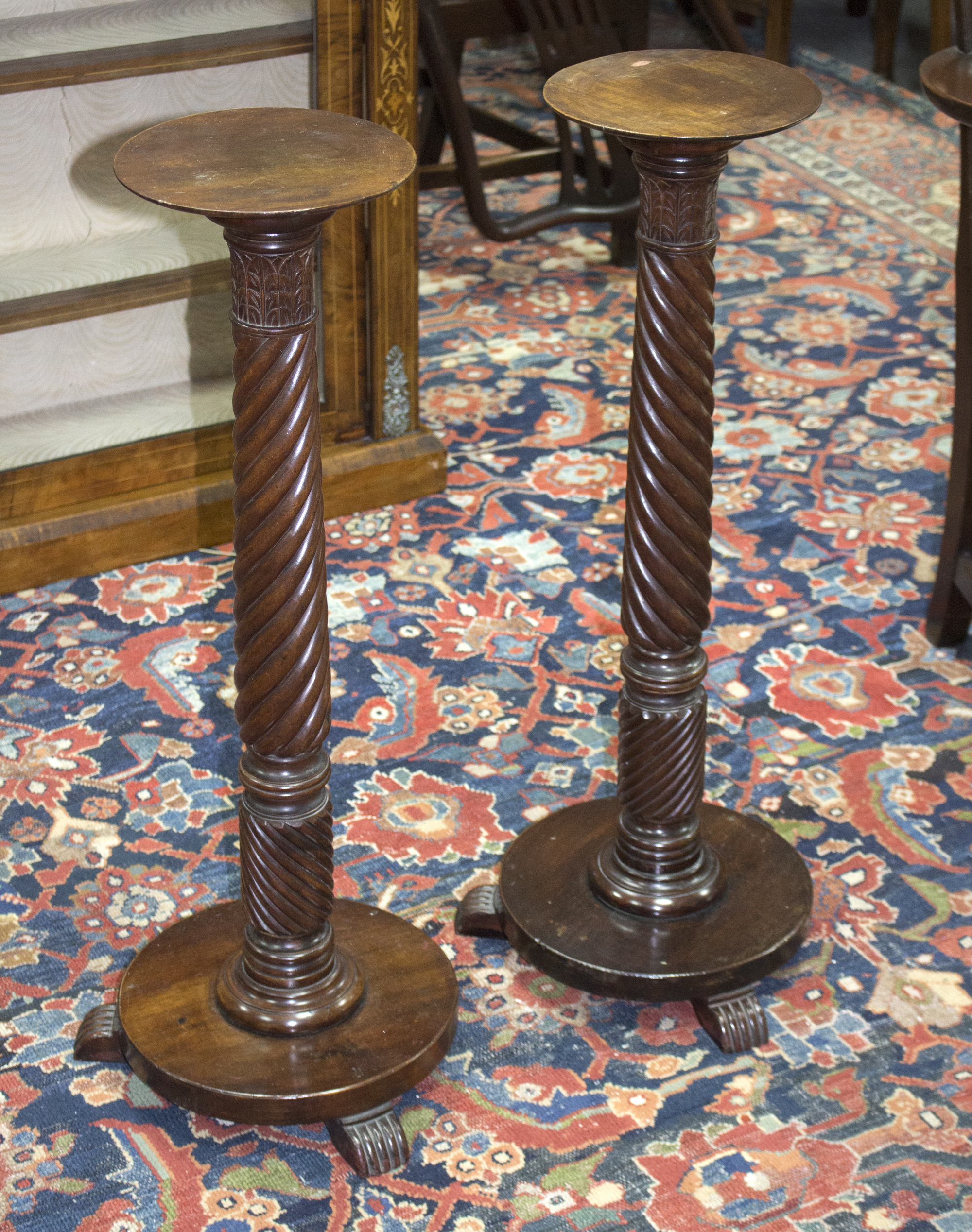 A pair of Regency mahogany torchères, each with spiral carved column, circular base, on three feet, - Image 3 of 4