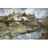 Attributed to John Falconer Slater/River Landscape with Cottages and Bridge/oil on board,