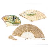 A Brussels lace fan with mother-of-pearl guards and sticks and two other fans
