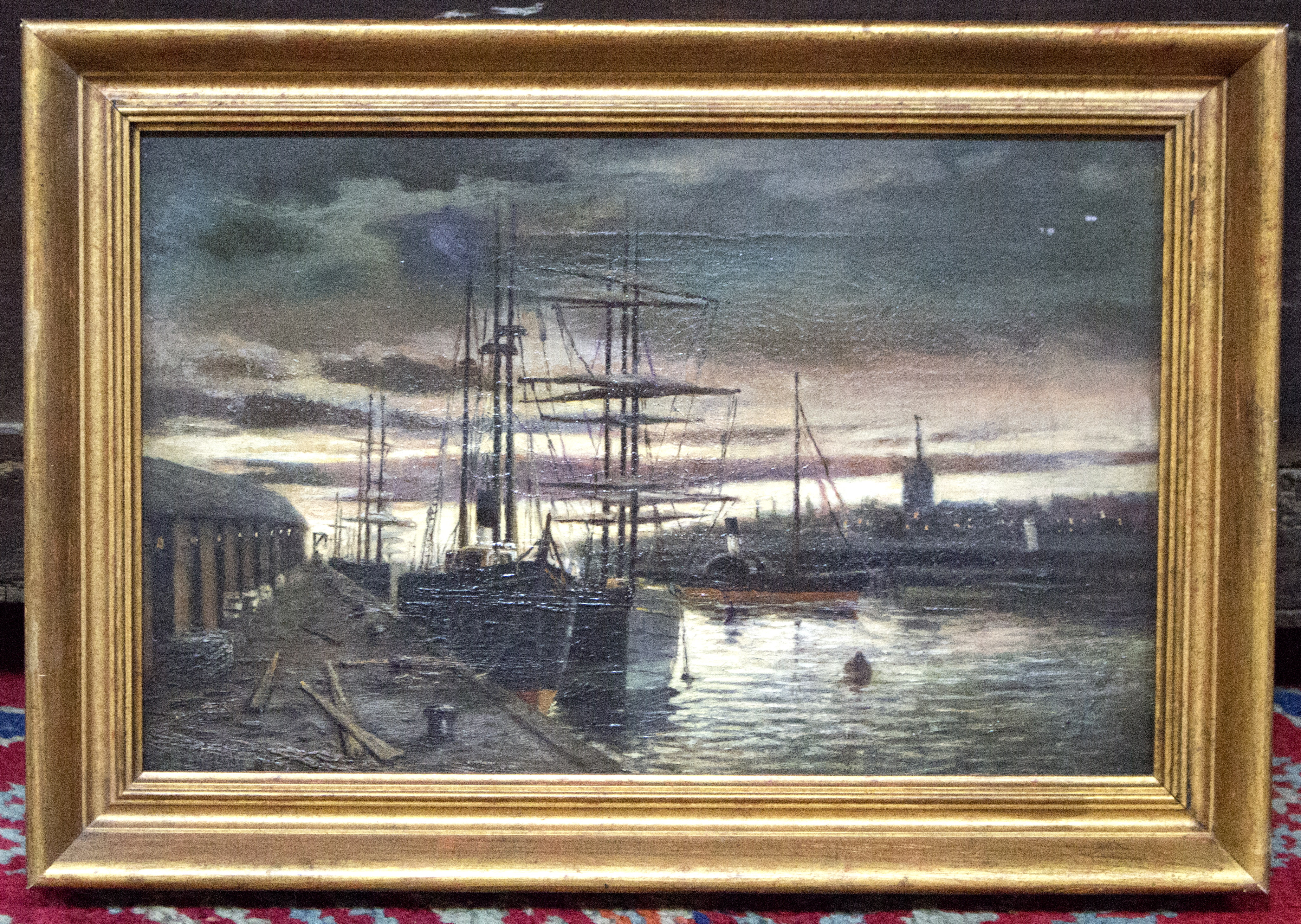 Scottish School, circa 1900/Ships in Harbour at Dusk/indistinctly signed McFarlane/oil on canvas, - Image 2 of 3