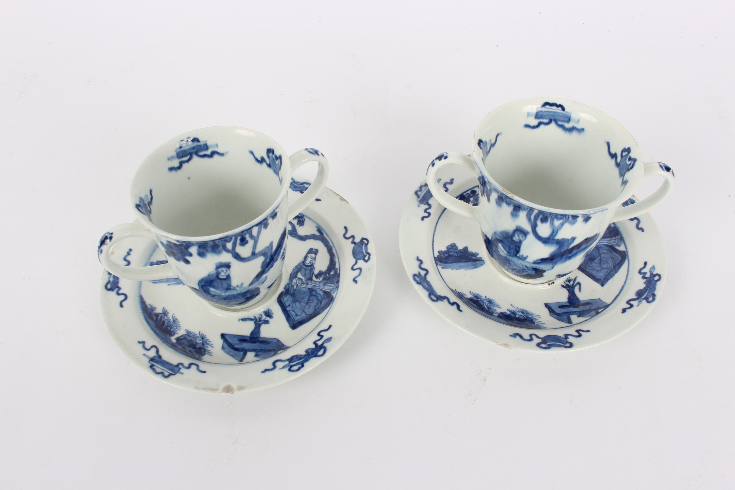 A pair of Bow 'Koto player' pattern chocolate cups and saucers, circa 1760, - Image 2 of 3
