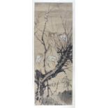 A 20th Century Chinese scroll painting, depicting birds perched on branches by a river with herons,