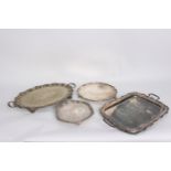 A two-handled plated tray with shell and C scroll border, 59cm wide,