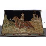 A machine made Medieval style tapestry depicting a horseman outside a castle,