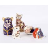 Five Royal Crown Derby paperweights to include a cat, koala and robin, 13.