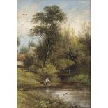 19th Century English School/Fishing by a Stream/signed indistinctly lower left/oil on board,