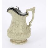 A Ridgway stoneware jug, circa 1840, relief moulded jousting scenes from the Eglinton Tournament,