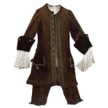 A gentleman's 19th Century brown velvet coat, waistcoat and breeches embroidered with gilt thread,