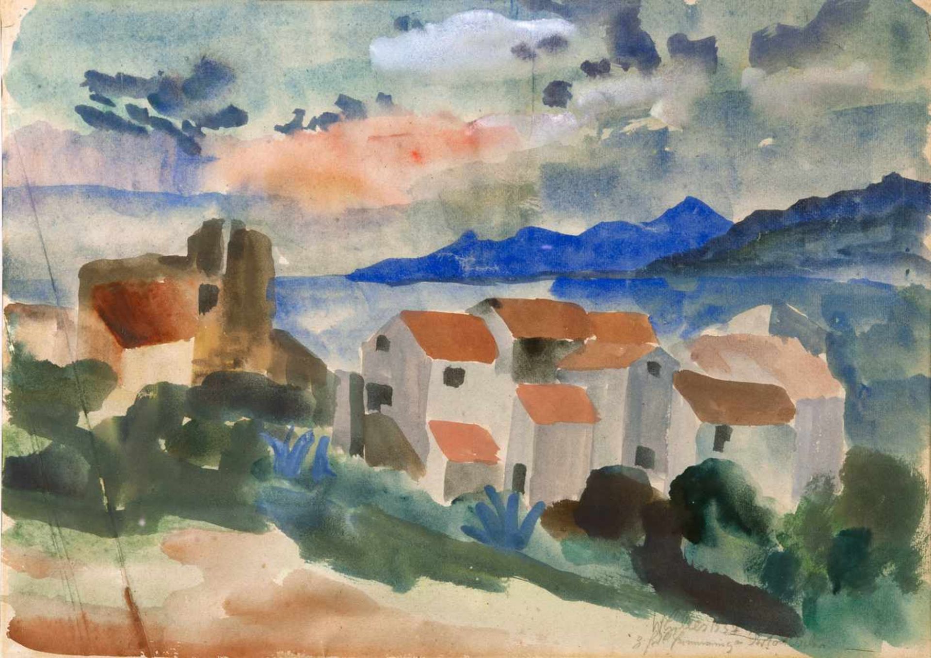 Werner Gilles. Porto dIschia.Aquarell. 1937. 31,3 : 44,0 cm. Signiert, datiert und mit Widmung