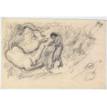 Alfred Kubin. Frau bei einem liegenden Pferd.Bleistift. 16,0 : 23,5 cm. Monogrammiert. Auf festem