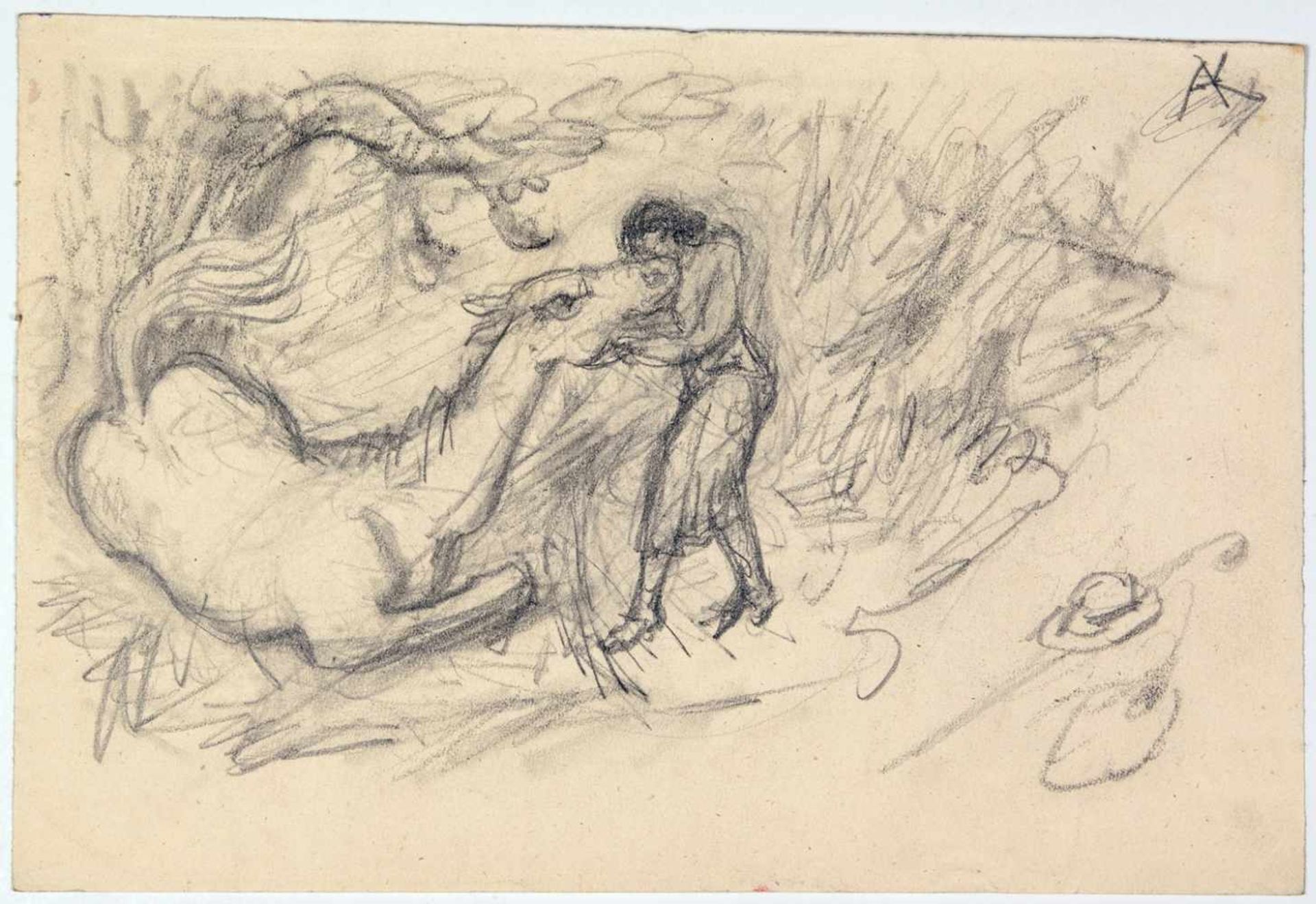 Alfred Kubin. Frau bei einem liegenden Pferd.Bleistift. 16,0 : 23,5 cm. Monogrammiert. Auf festem