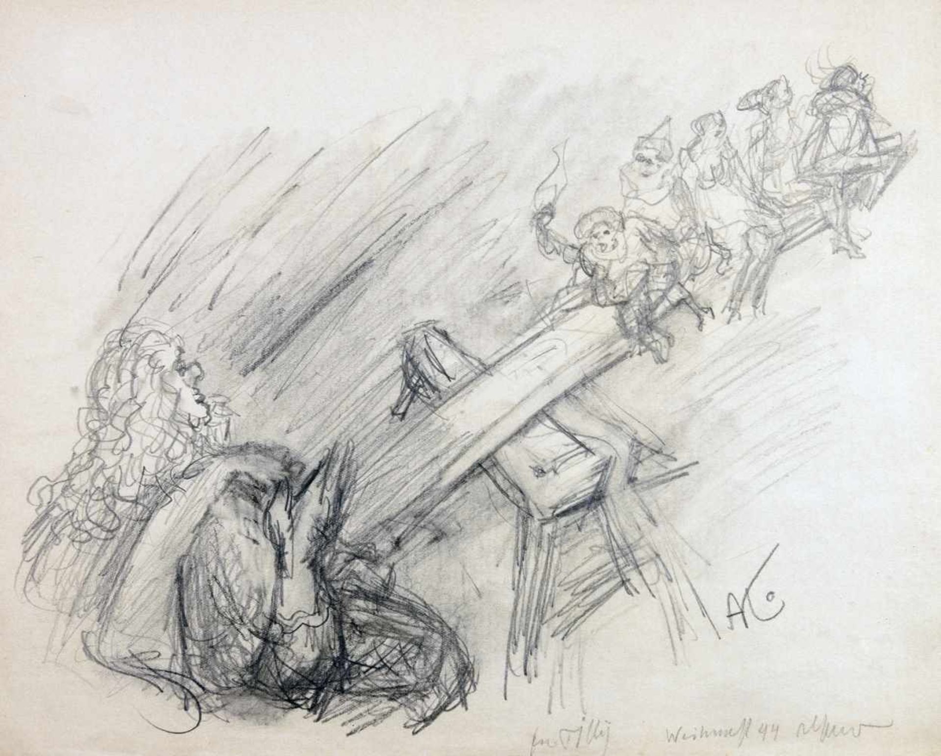 Alfred Kubin. Auf der Wippe.Bleistift. 1944. 24,0 : 29,1 cm. Monogrammiert und mit Widmung