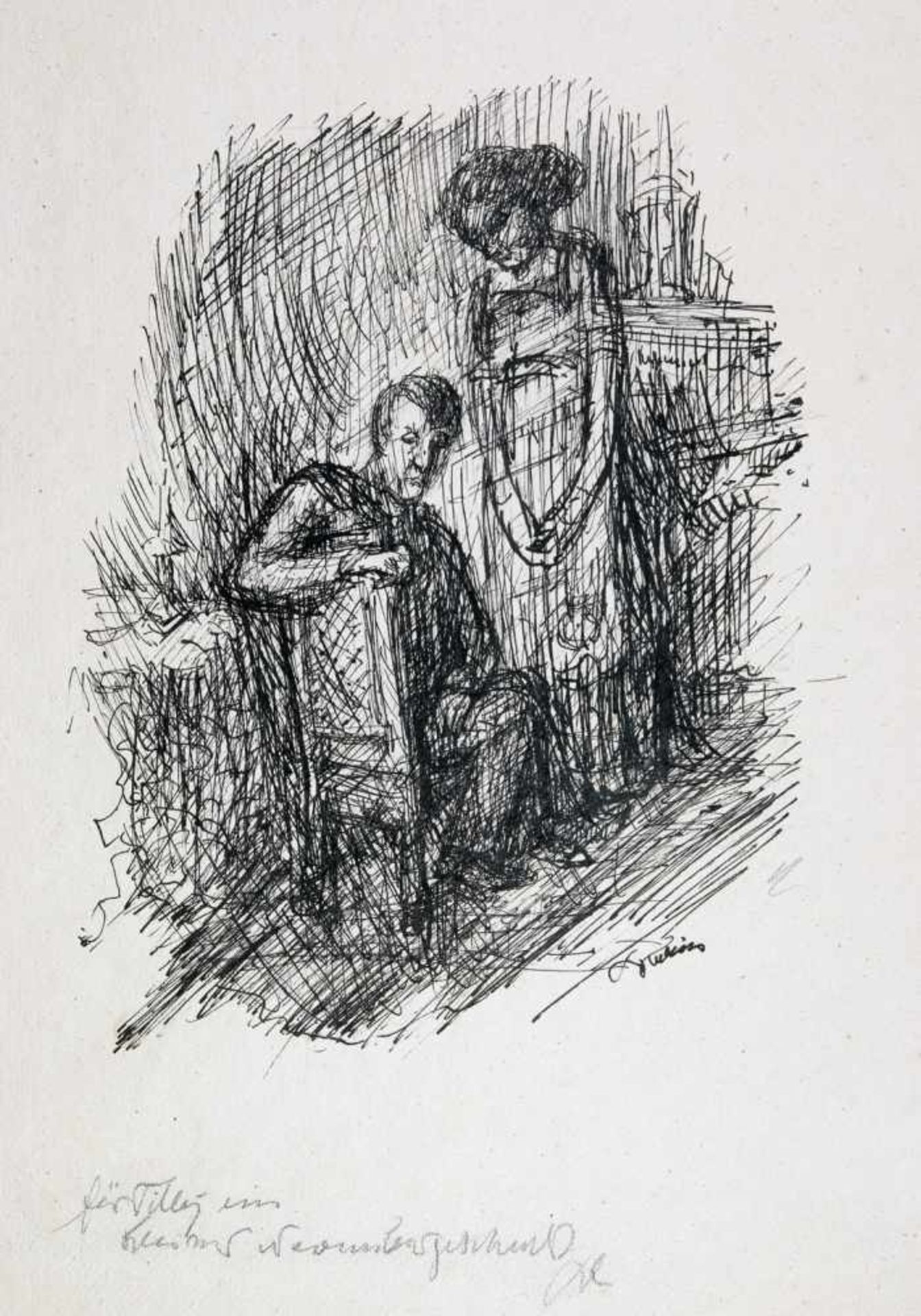 Alfred Kubin. Sitzender Mann, stehende Frau.Tuschfeder. 25,5 : 19,5 cm (39,0 : 30,5 cm). Signiert