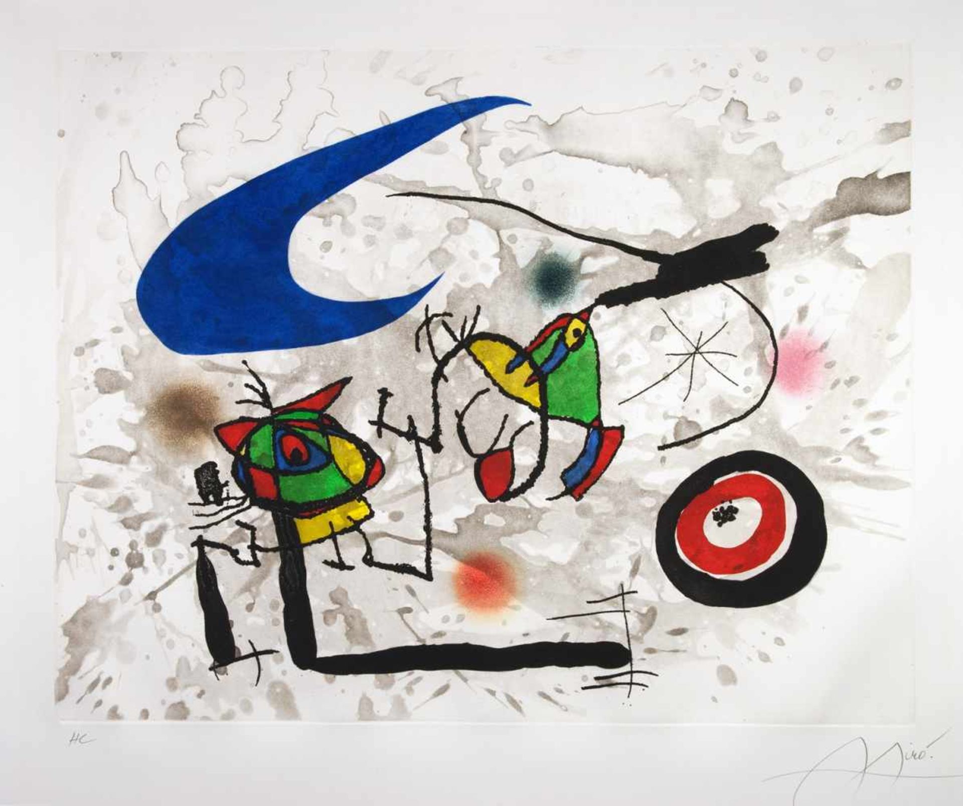 Joan Miró. Pygmées sous la Lune.Farbaquatintaradierung. 53,5 : 68,0 cm (70,0 : 94,0 cm). Signiert