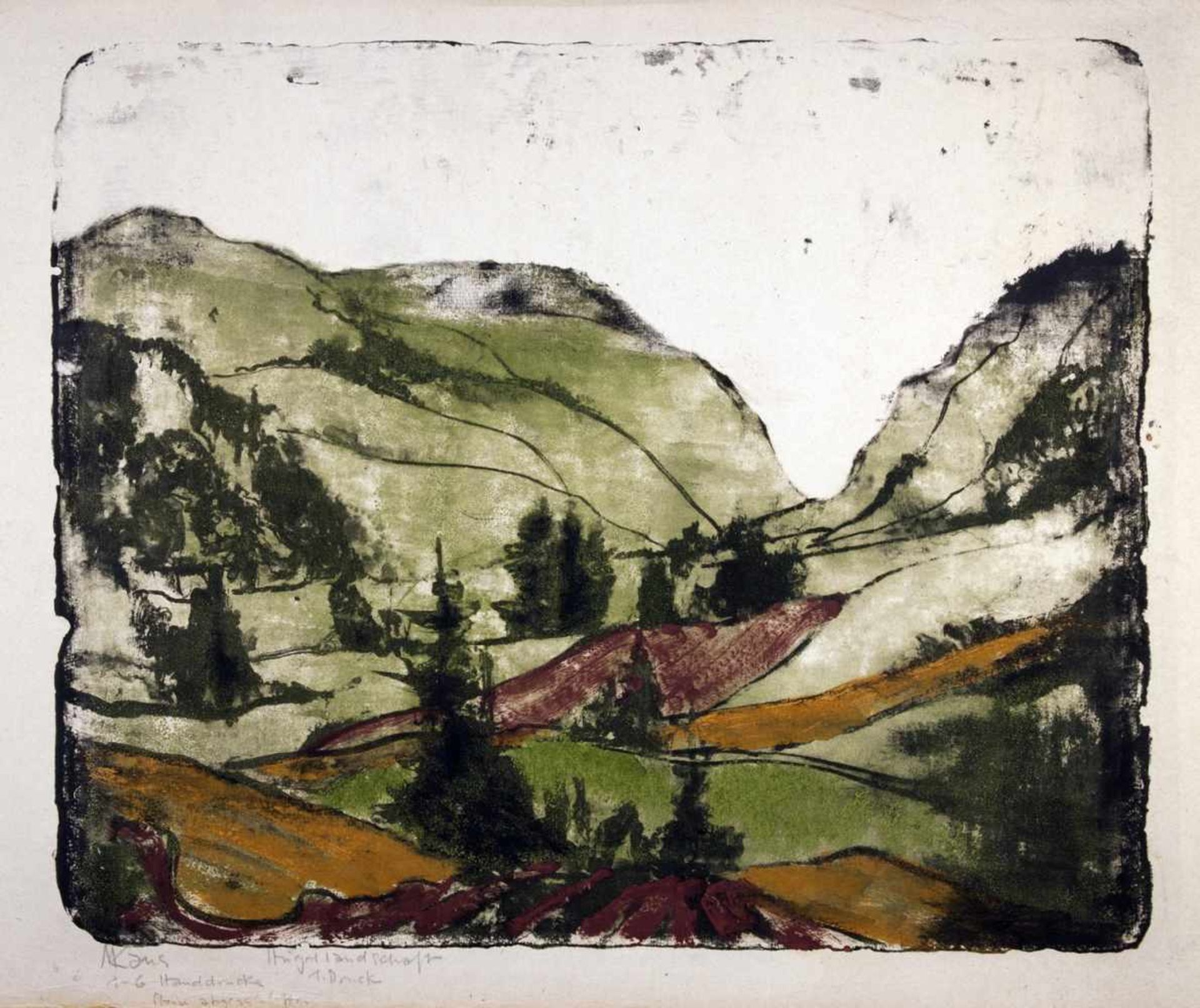 Max Kaus. Hügellandschaft.Farblithographie. 49,0 : 59,0 cm (55,3 : 70,0 cm). Signiert, betitelt