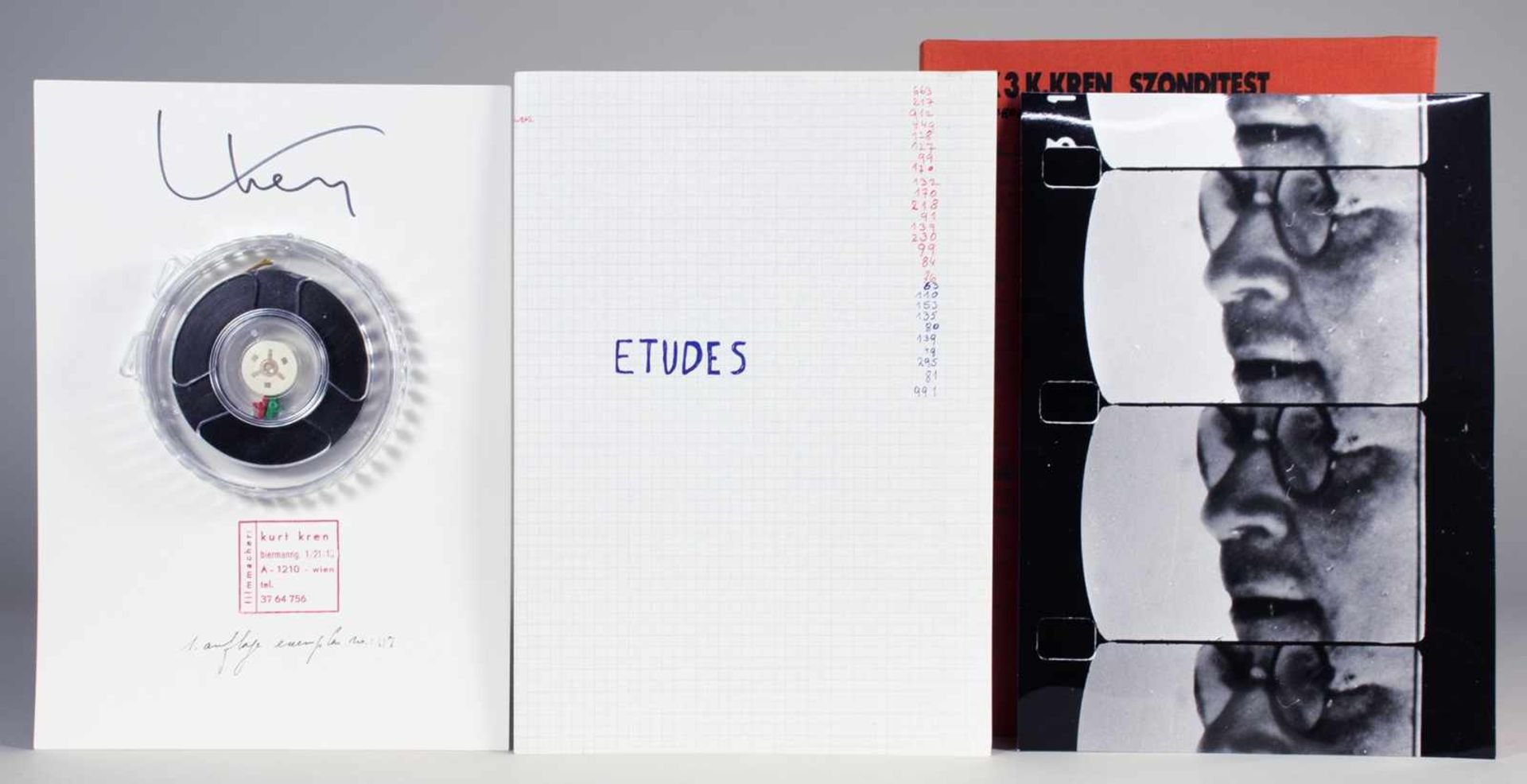 Kurt Kren. Szonditest. Box 3. Zehn Fotografien, ein Manuskriptblatt, eine 8mm-Filmrolle. 1972.