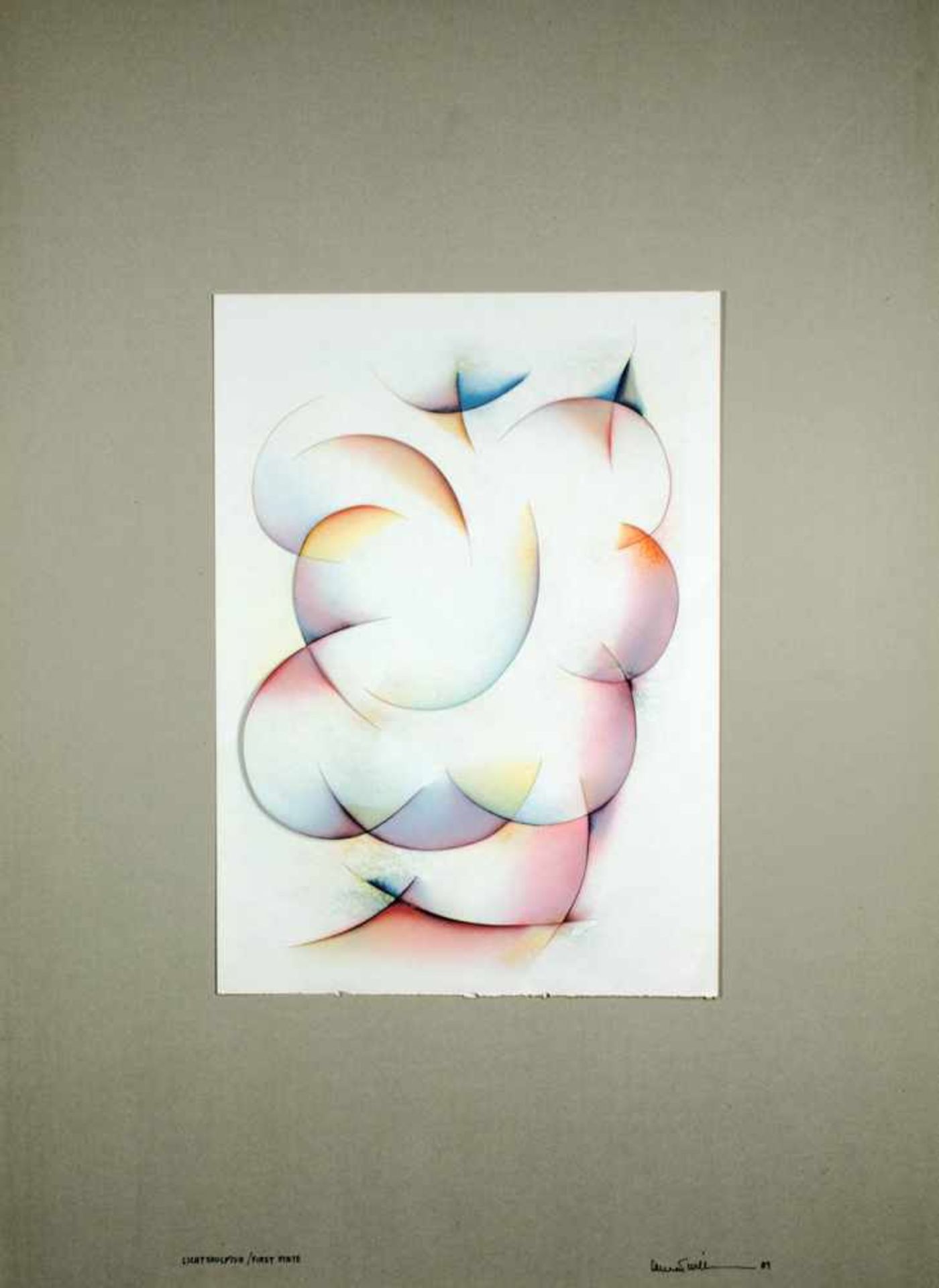 Emmett Williams. Lichtskulptur / First state. Farbiges Airbrush auf Papierschnitten. 1989. 40,4 :