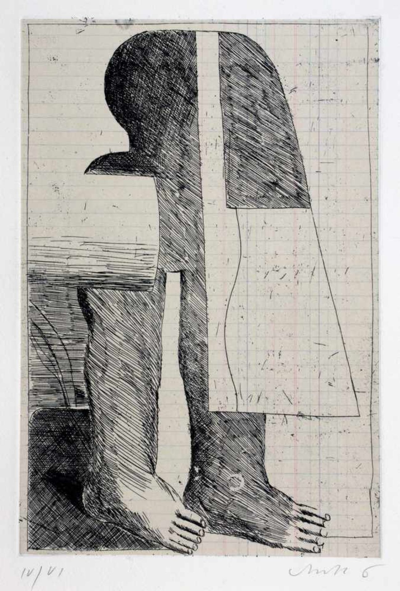Horst Antes. Figur mit Schleier. Radierung. 1965. 24,7 : 16,5 cm (52,7 : 39,0 cm). Signiert und