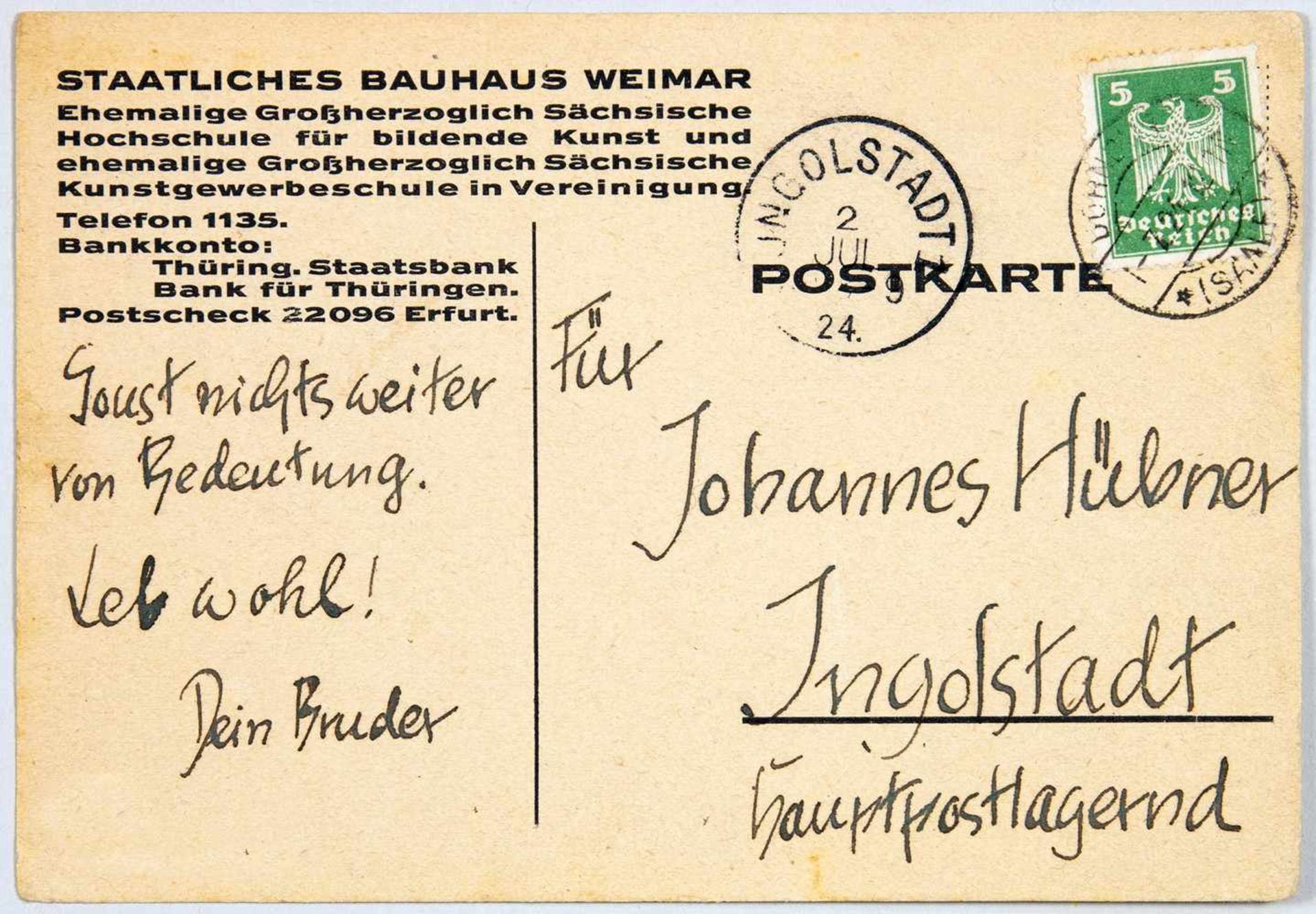 Postkarte »Staatliches Bauhaus Weimar«. Buchdruck. Um 1924. Entwurf Laszlo Moholy-Nagy (?). 10,5 :