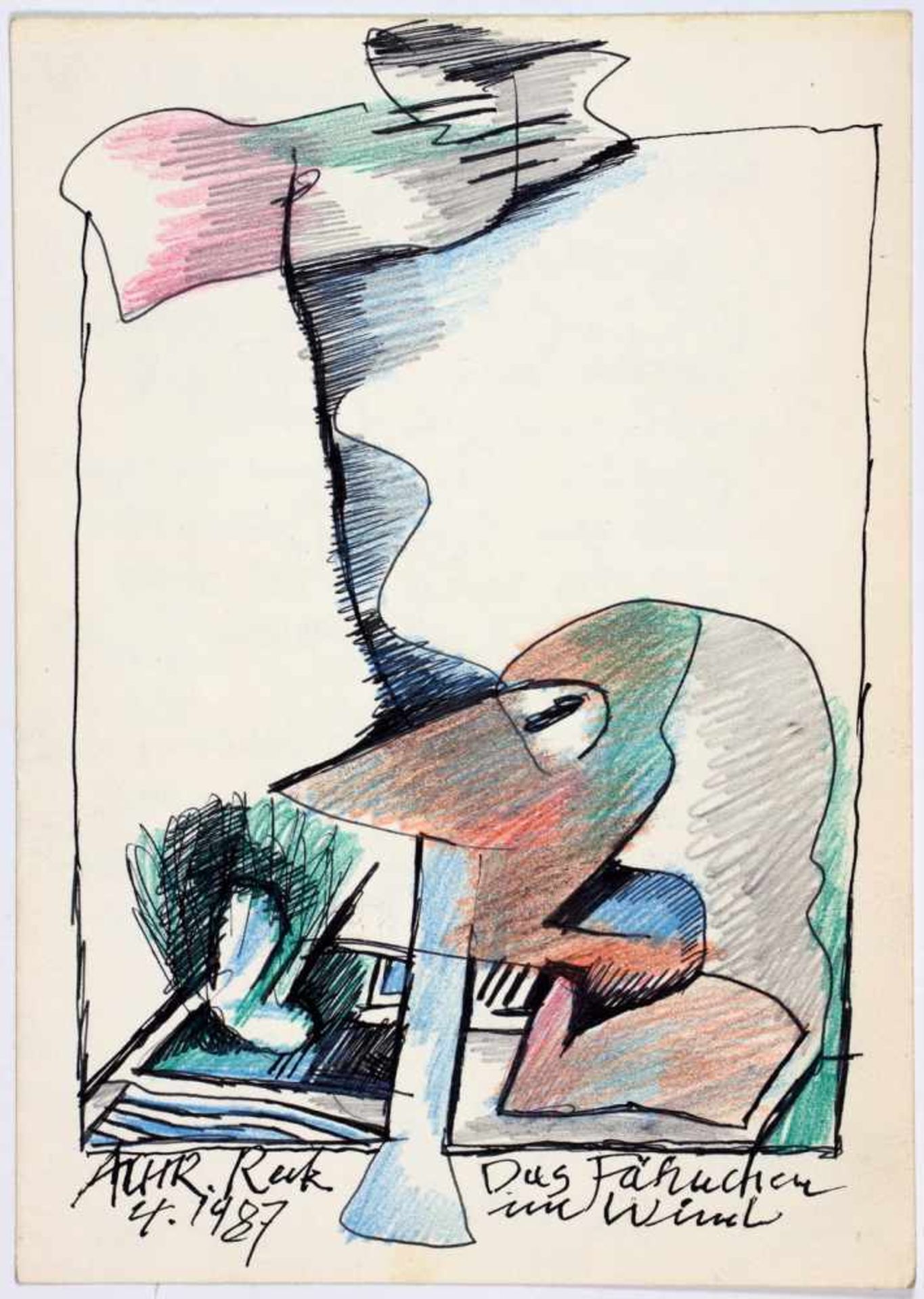 Albert Christoph Reck. 18 Aquarelle, Tusch- und Kreidezeichnungen, alle als Briefkarten. 1982 - Image 2 of 4