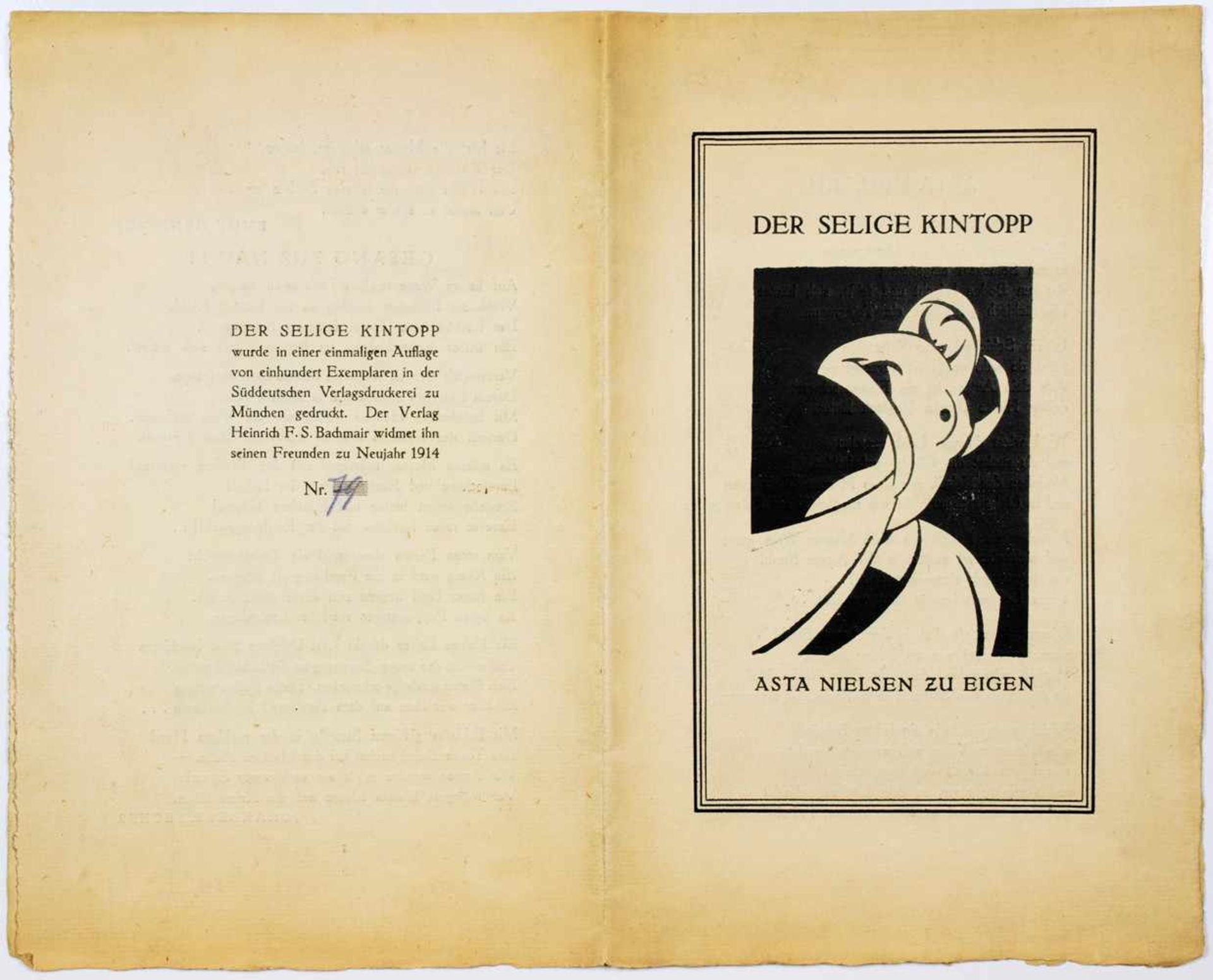 Der selige Kintopp. Asta Nielsen zu eigen. München, Heinrich F. S. Bachmair [1913]. Zweifach