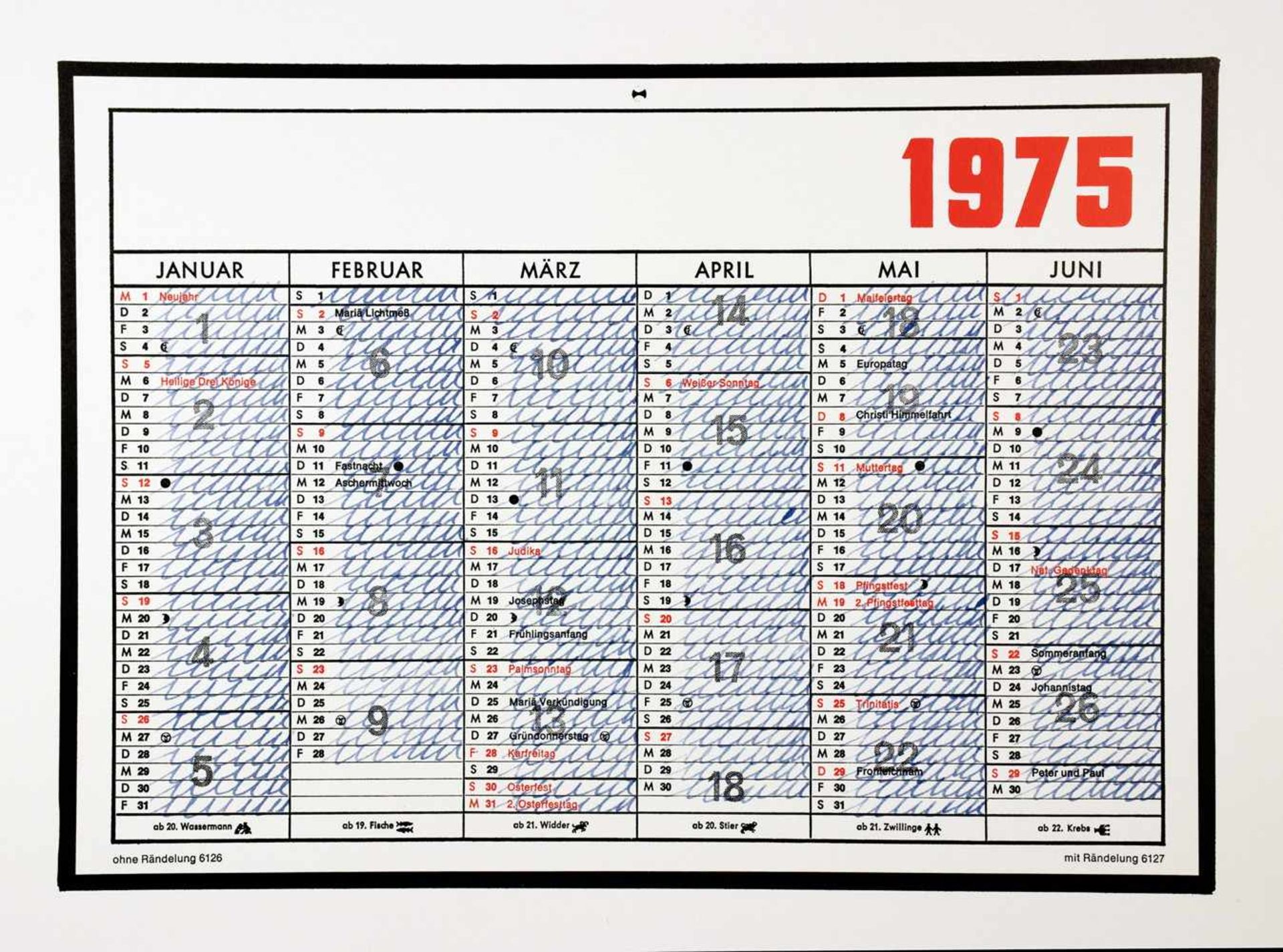 Hanne Darboven. Kalenderblatt 1975 [I und II]. Zwei farbige Offsetdrucke. 1979. 21,7 : 30,2 cm (29,6