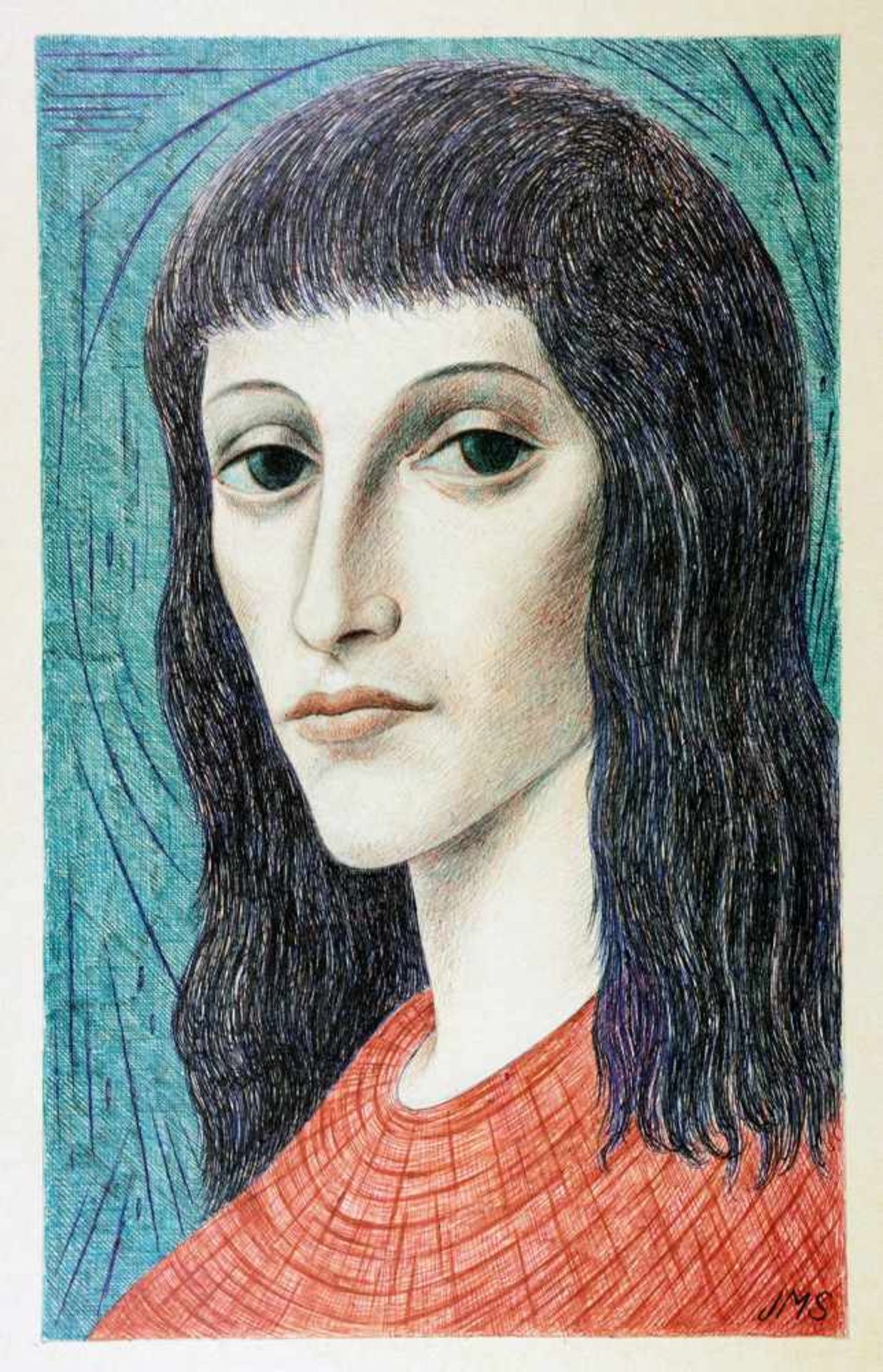 Josef Maria Schröder. Porträt einer jungen Frau mit rotem Pullover. Mehrfarbige