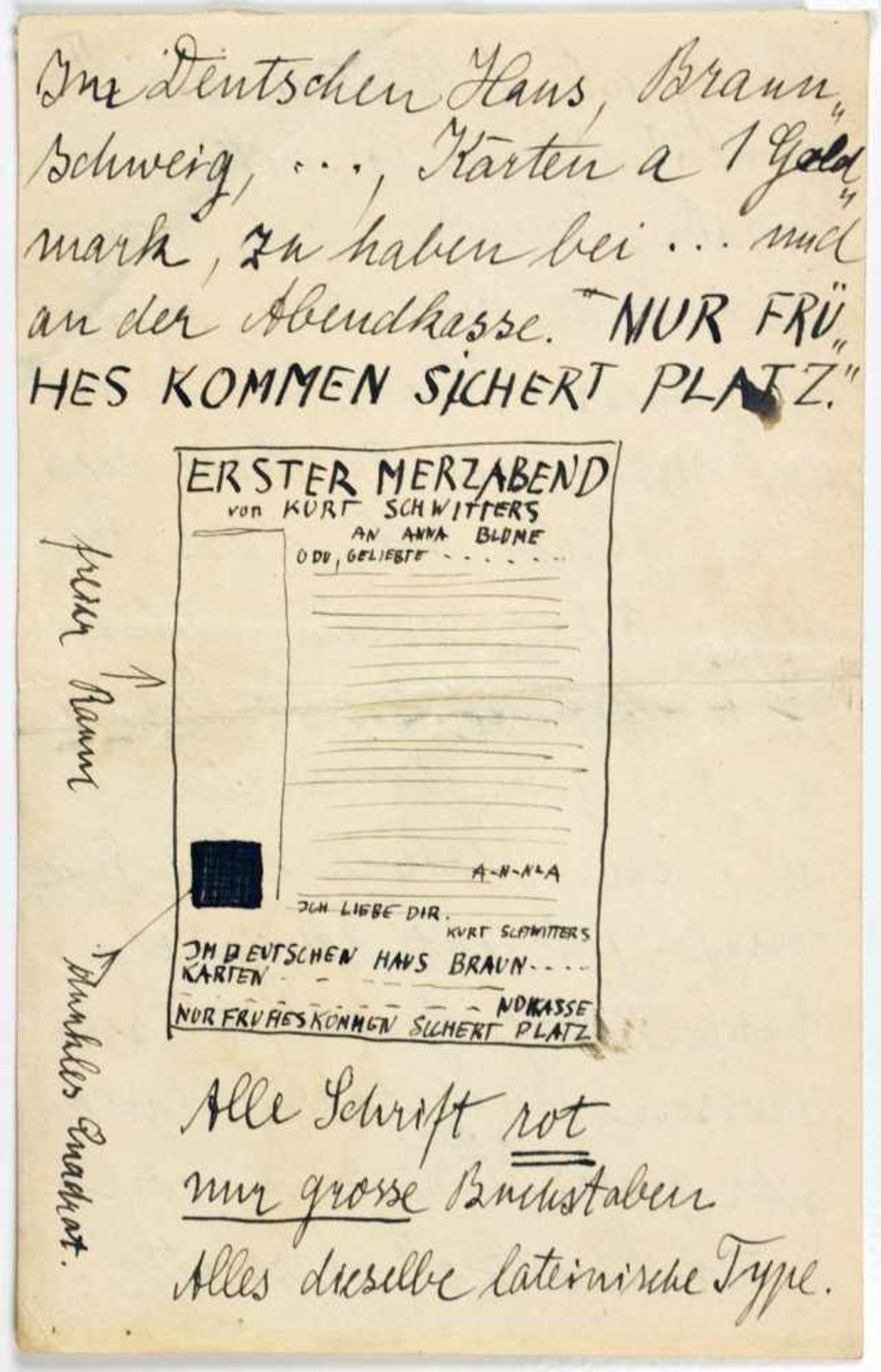 Kurt Schwitters. Erster Merzabend. Plakatentwurf. Zeichnung und Handschrift, Tusche auf Papier.