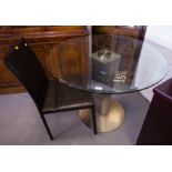 METAL BASE TABLE WITH CIRCULAR GLASS TOP + LEATHER CHAIR