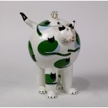 Villeroy and Boch ceramic cat cookie jar, having a mouse form finial, the body accented with green