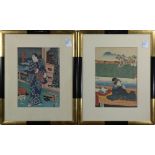 (lot of 2) Utagawa Toyokuni III (Japanese, 1786-1864), woodblock prints; one depicting a courtesan