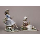 (lot of 2) Lladro porcelain figural group, consisting of a female figure, perched on a tree stump