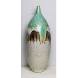 Mid-Century art pottery vase, having a stick neck, above the tapered body executed in chartreuse and