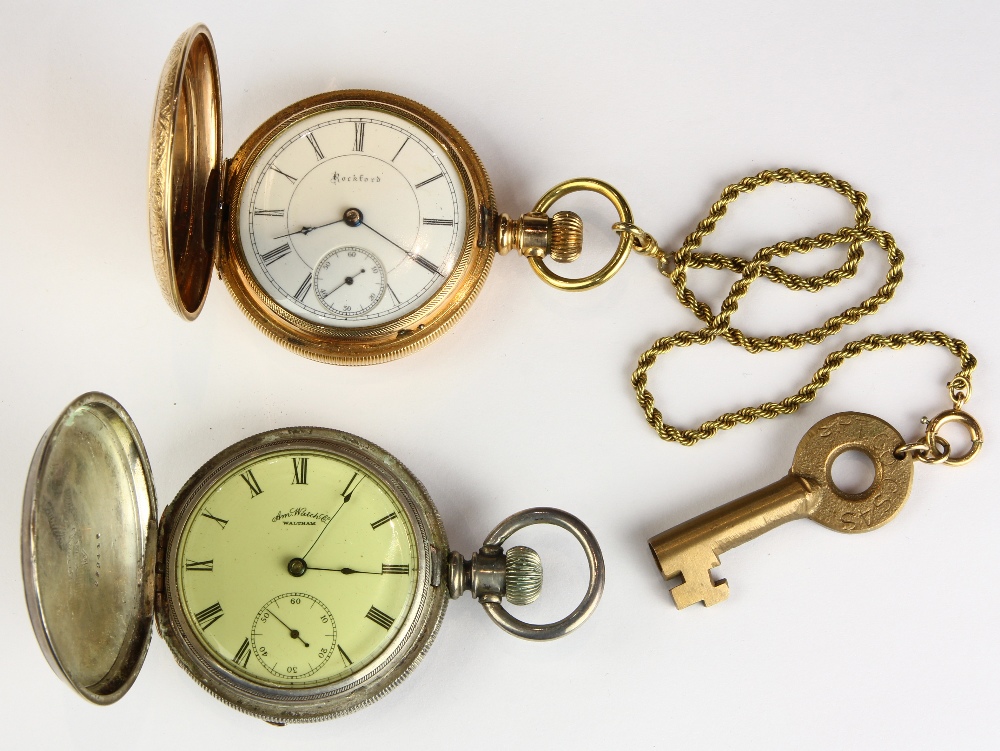 (Lot of 2) Metal and gold-filled pocket watches Including one Rockford gold-filled hunting case