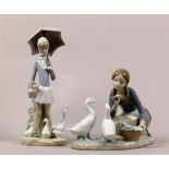 (lot of 2) Lladro figural group, consisting of a female figure holding an umbrella with ducks at her