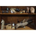 (lot of 17) Two shelves of animal figures and figurines including Acoma owls, a Zuni fetish, a