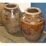 (lot of 2) Chinese glazed ceramic storage jars, each incised with a dragon on the body below