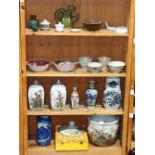 (lot of 35+) Four shelves of Asian ceramics, including Chinese porcelain bowls, cups, spoons,