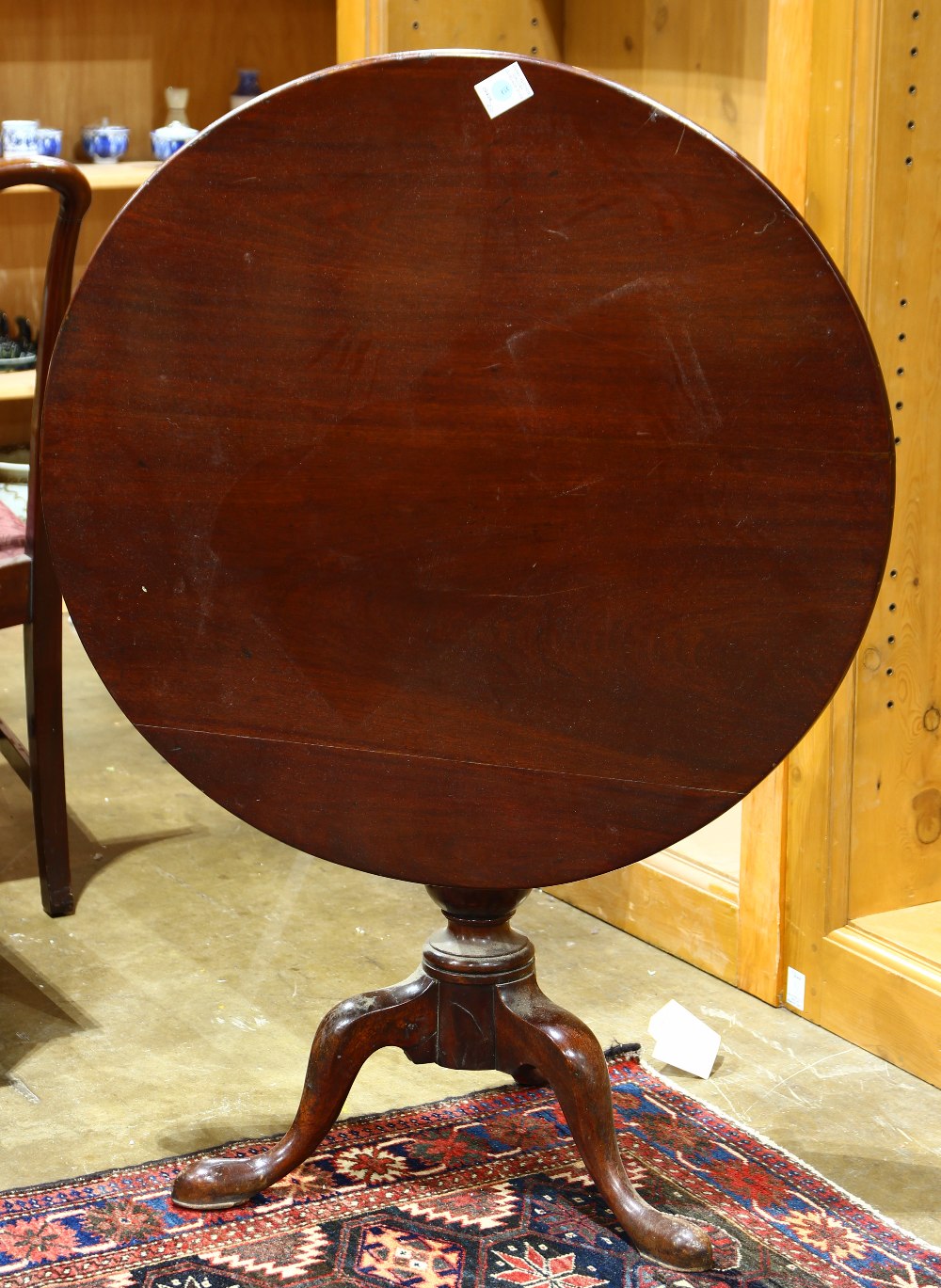 Queen Anne tilt top games table, c. 1840, rising on a turned standard above the tripod base, 28"h - Image 2 of 3